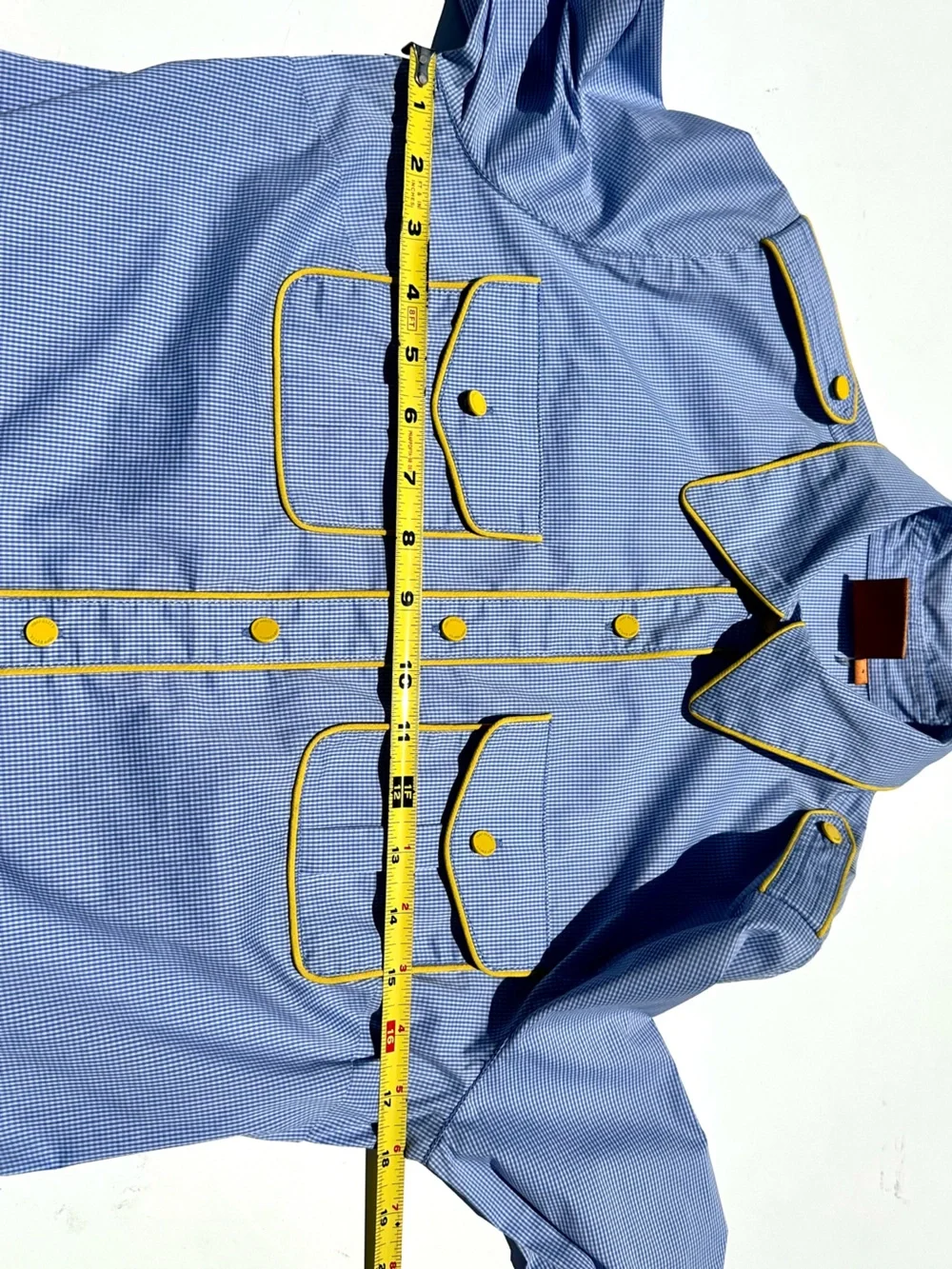 Tory Burch Blue Gingham Stretch Cotton Fitted Shirt Blouse, Silk Yellow Piping 4